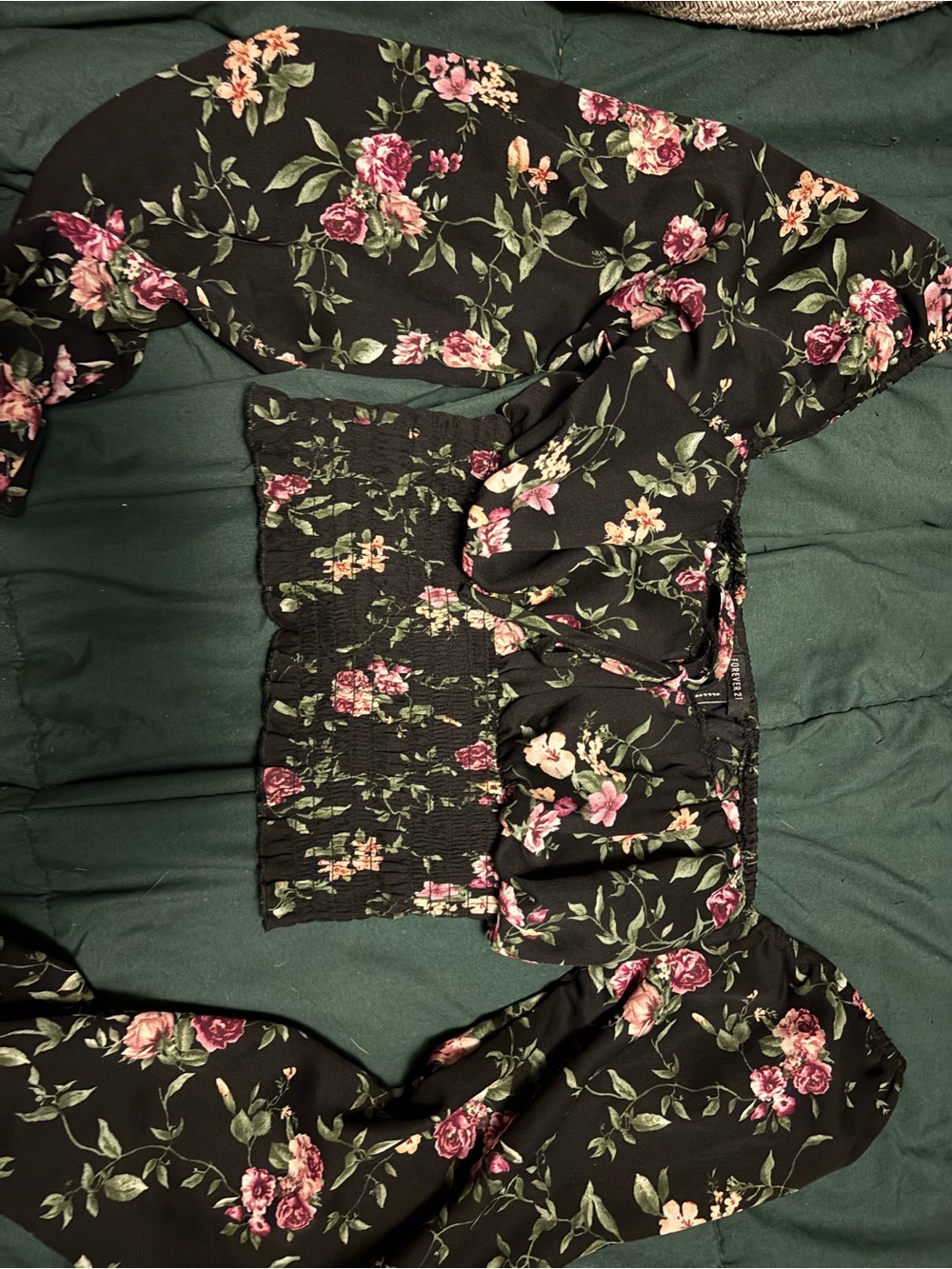 Forever 21 Black Floral Off-Shoulder Bandeau with Pink Roses
